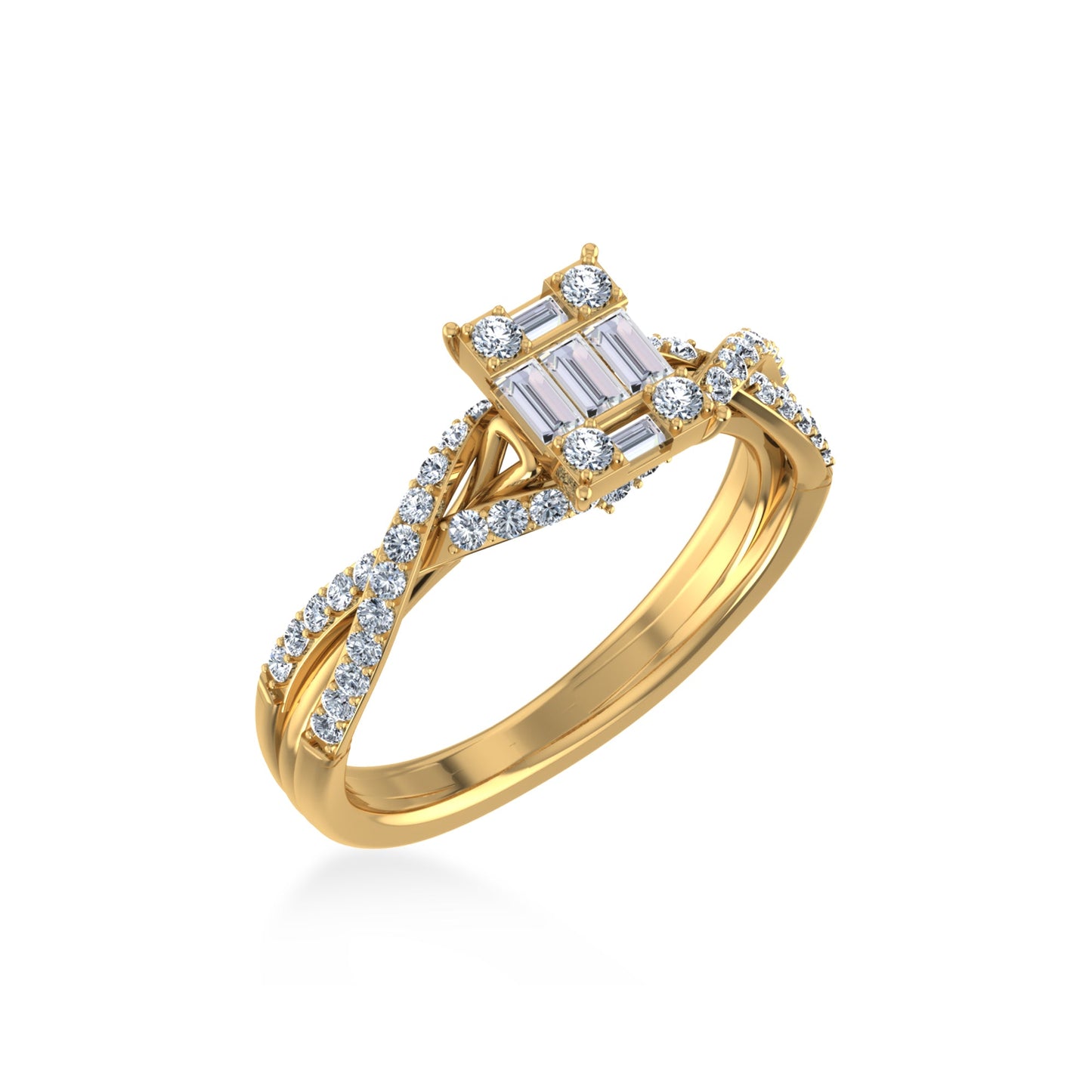 Royal Jewelry 14K Yellow Gold Round Baguette Diamond Designer Ring 0.5ct
