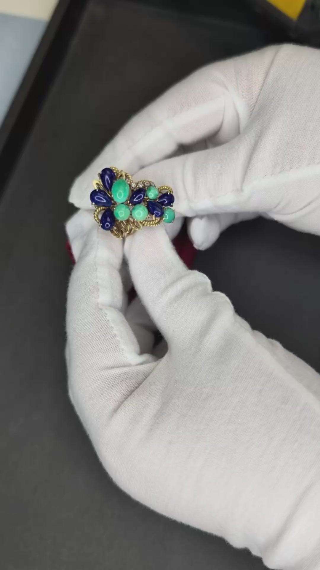 14K Yellow Gold Turquoise Lapis Diamond Cluster Ring Size 7 13.2g